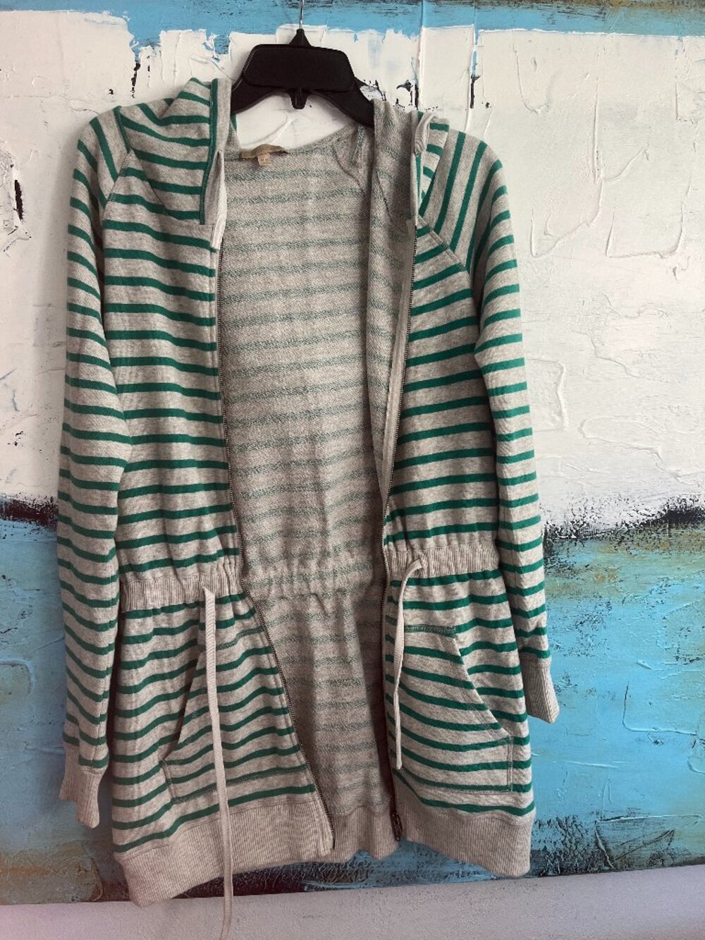 Bordeaux Anthropologie Green Gray Striped Hooded Zip Tunic M/M NWOT